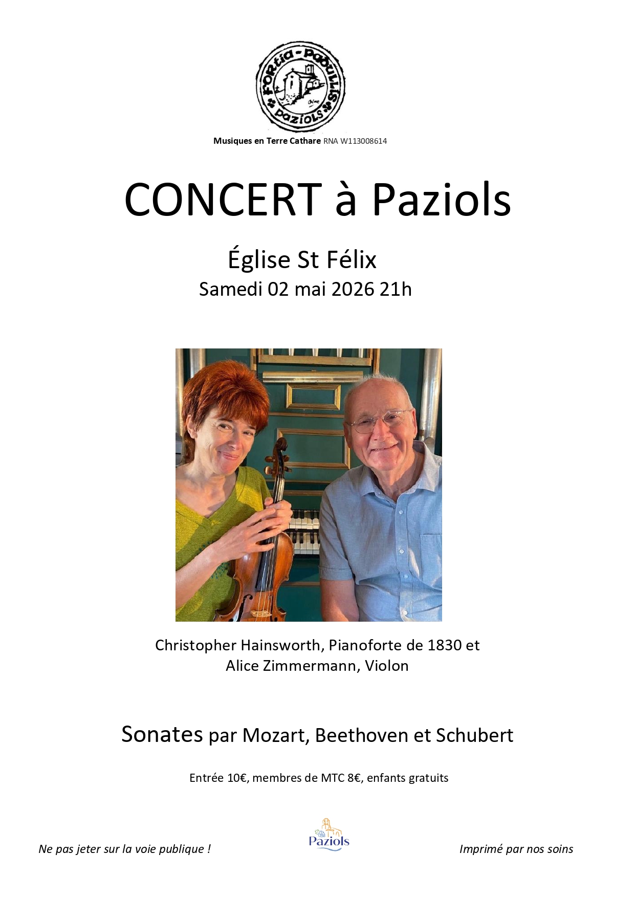 Sonates de Mozart, Beethoven et Schubert par Christopher Hainsworth, pianoforte, Alice Zimmerman, violon