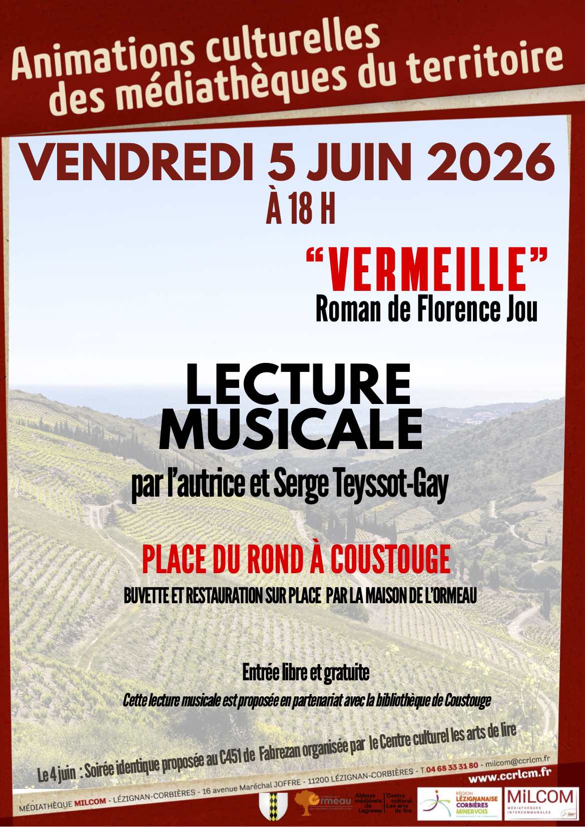 "Vermeille", lecture musicale par Florence Jay, autrice, et Serge Teyssot-Gay